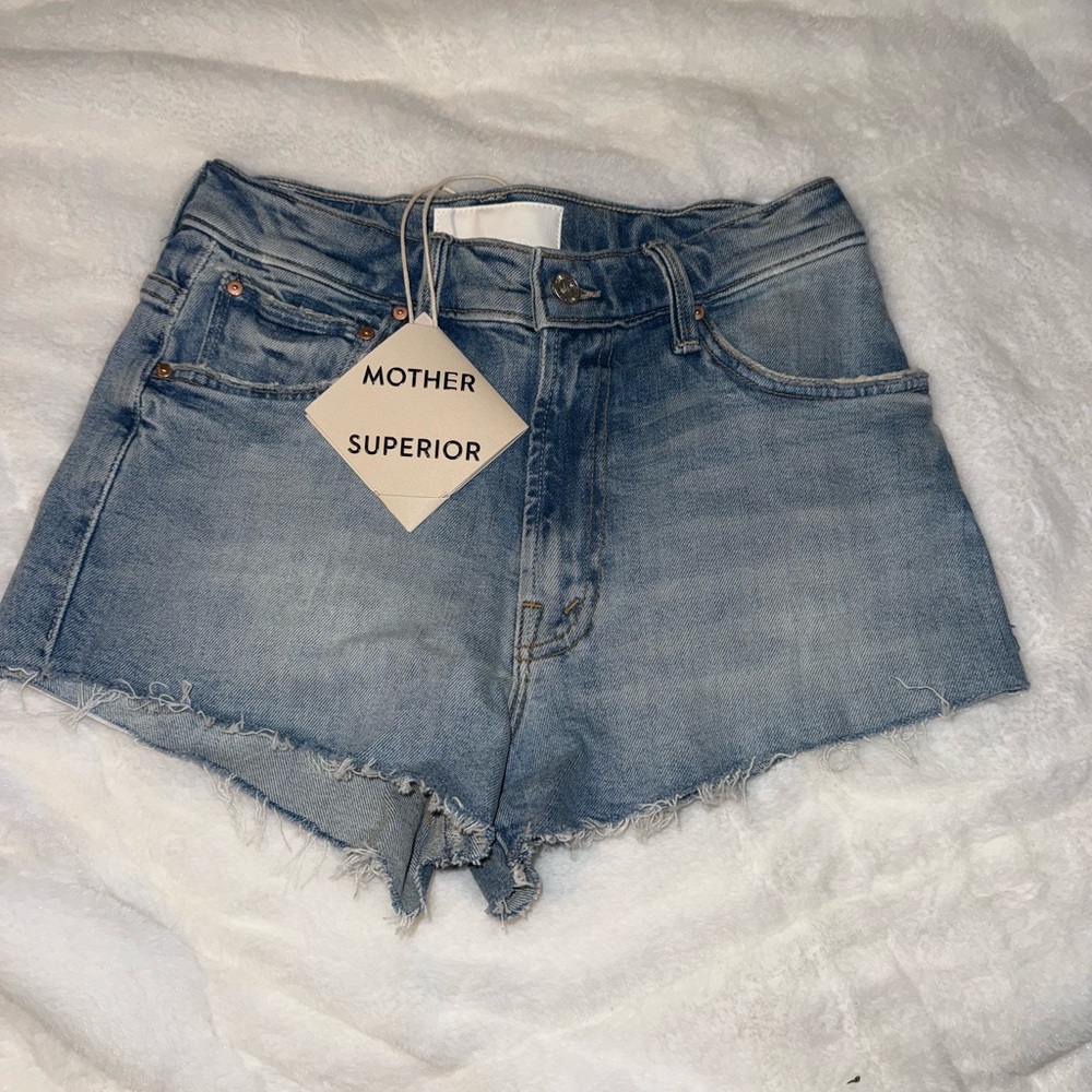 MOTHER Blue Jean Shorts with High Waist and Frayed Hem